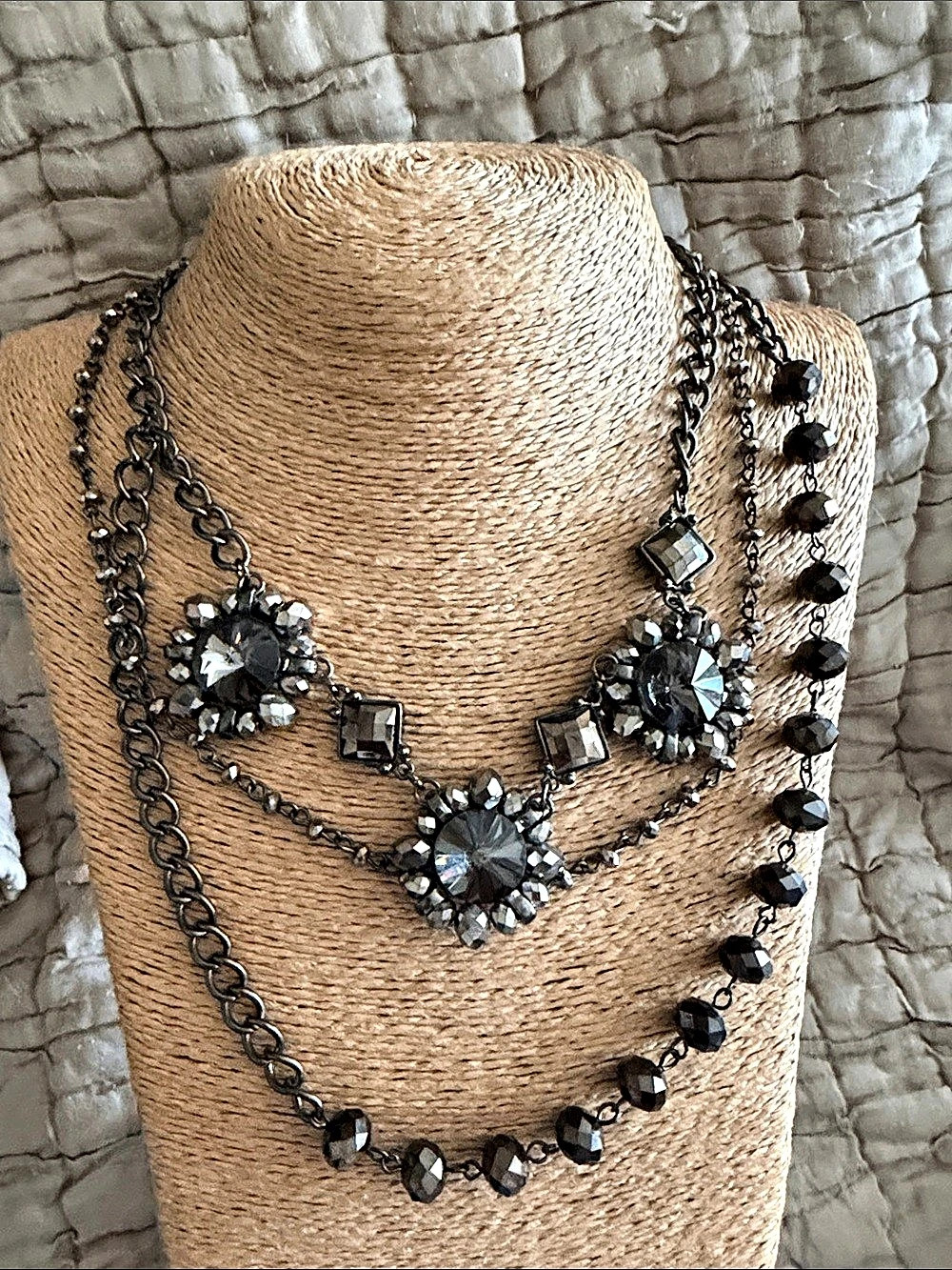 Layered Black & Gray Statement Necklace Like New